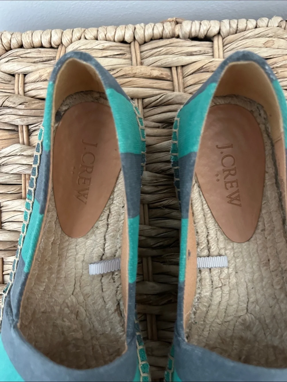 J. Crew Striped Green and Navy Canvas Espadrilles